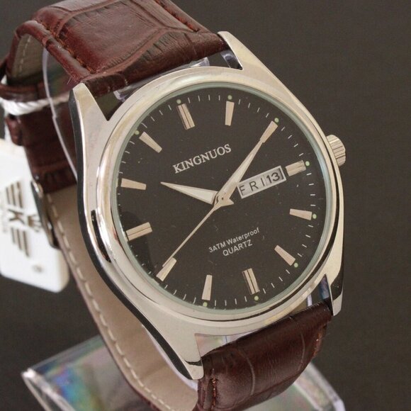 Men's Contemporary Dress Watch Silver Case Brown Leather Watch Strap 40mm - Picture 5 of 12